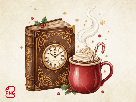 Christmas Cocoa Book Stack Clipart PNG Review for Embroidery Projects