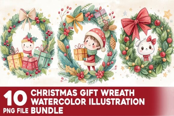 Christmas Gift Wreath Watercolor Bundle: A Festive Graphic Design Asset for Marketers