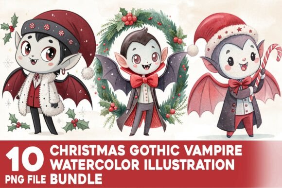 Christmas Gothic Vampire Watercolor Illustrations for Local Business Branding