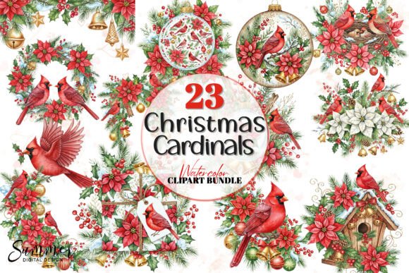 Christmas Poinsettia Cardinal Ornaments: Festive Illustrations for Local Business Branding