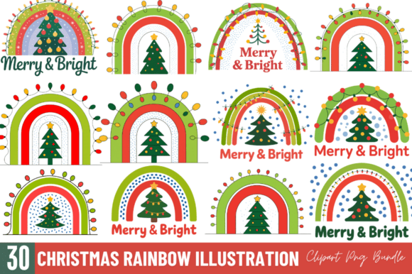 Christmas Rainbow Illustration Clipart for Digital Sellers