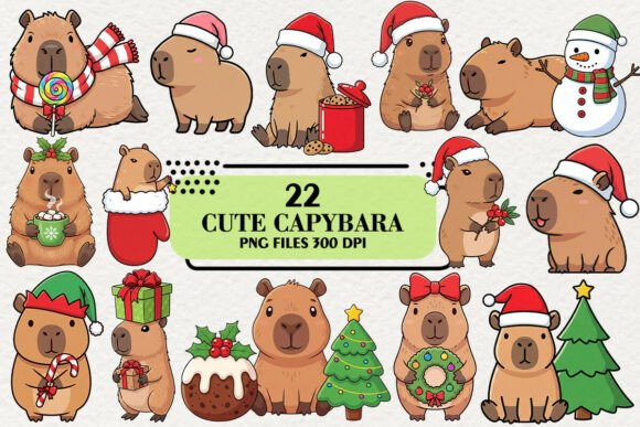 Cute Christmas Capybara Clipart: A Festive Graphic Design Asset for Marketers