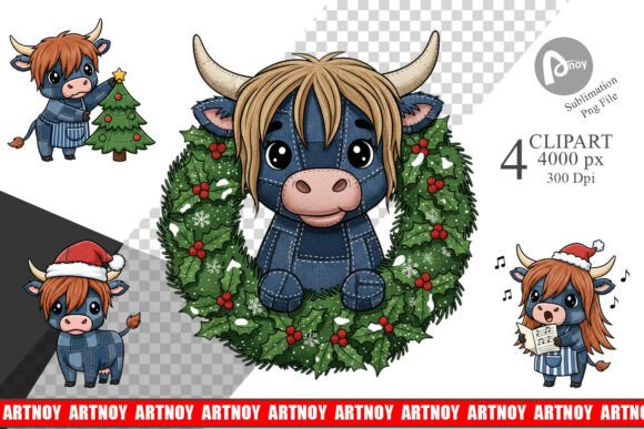 Denim Highland Cow Christmas Clipart: A Festive Illustration for Content Creators