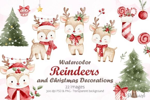 Watercolor Christmas Reindeers for Seasonal Illustrations