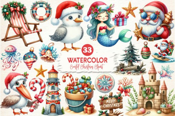 Watercolor Coastal Christmas Clipart for Marketing & Branding