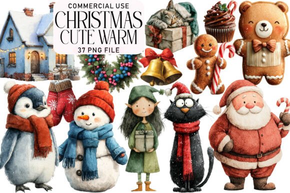 Watercolor Cute Warm Christmas Clipart for Festive Branding